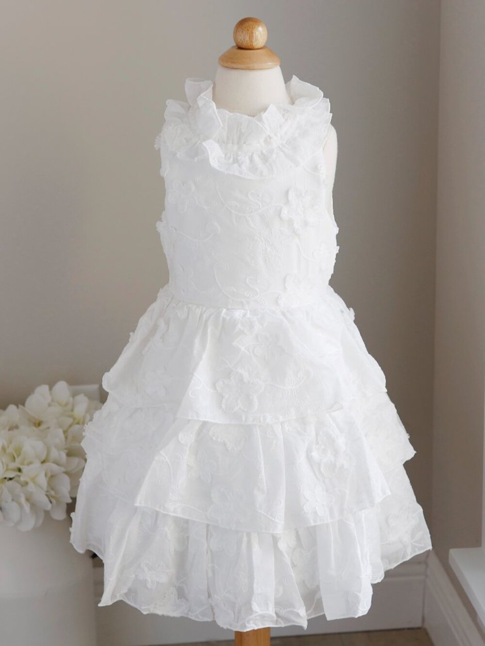 White Embroidered Cotton Ruffle Dress Party Portrait Flower Girl Rehearsal Dress